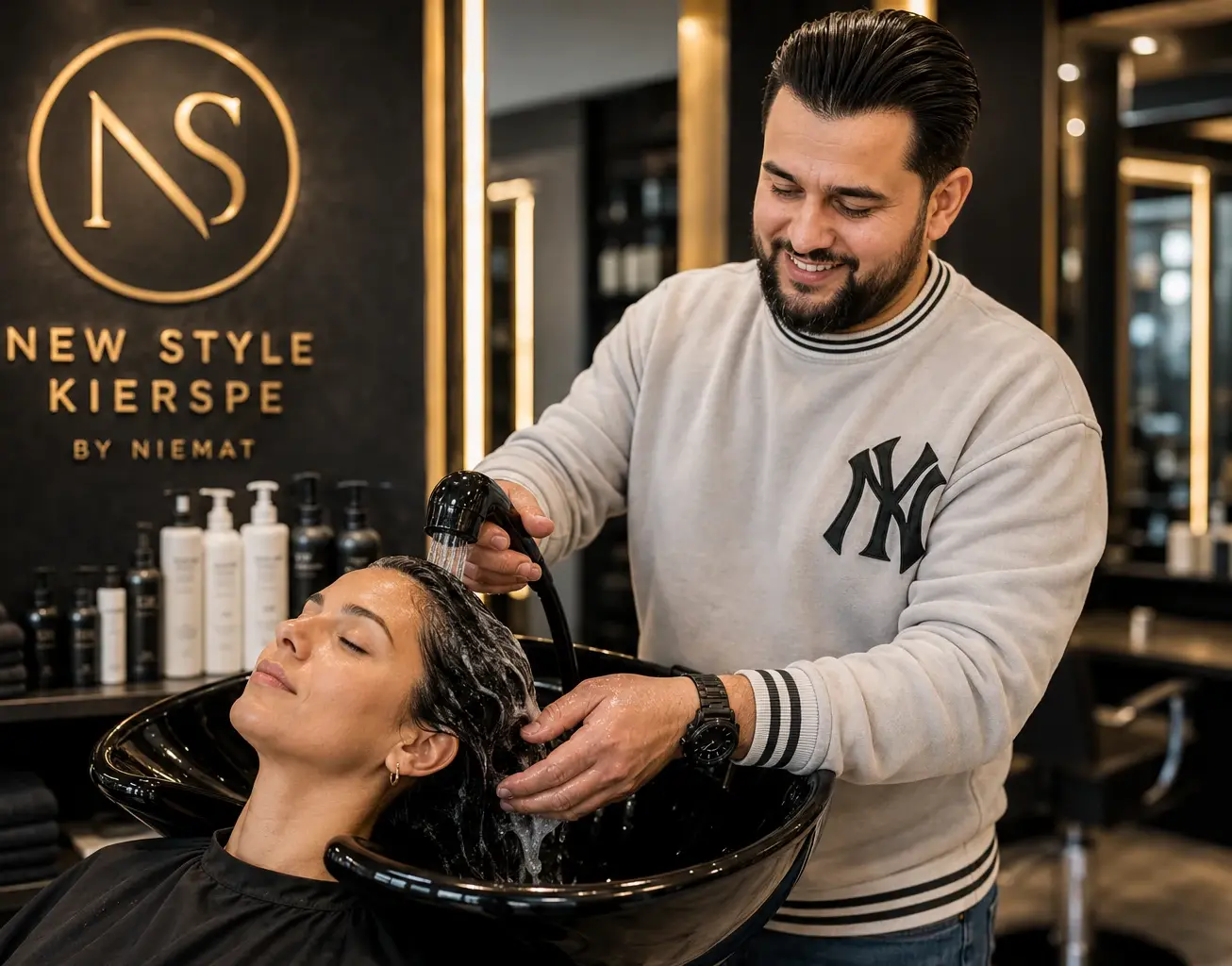 Herr Niemat von New Style Kierspe by Niemat wäscht einer Kundin die Haare am Waschplatz im Friseursalon