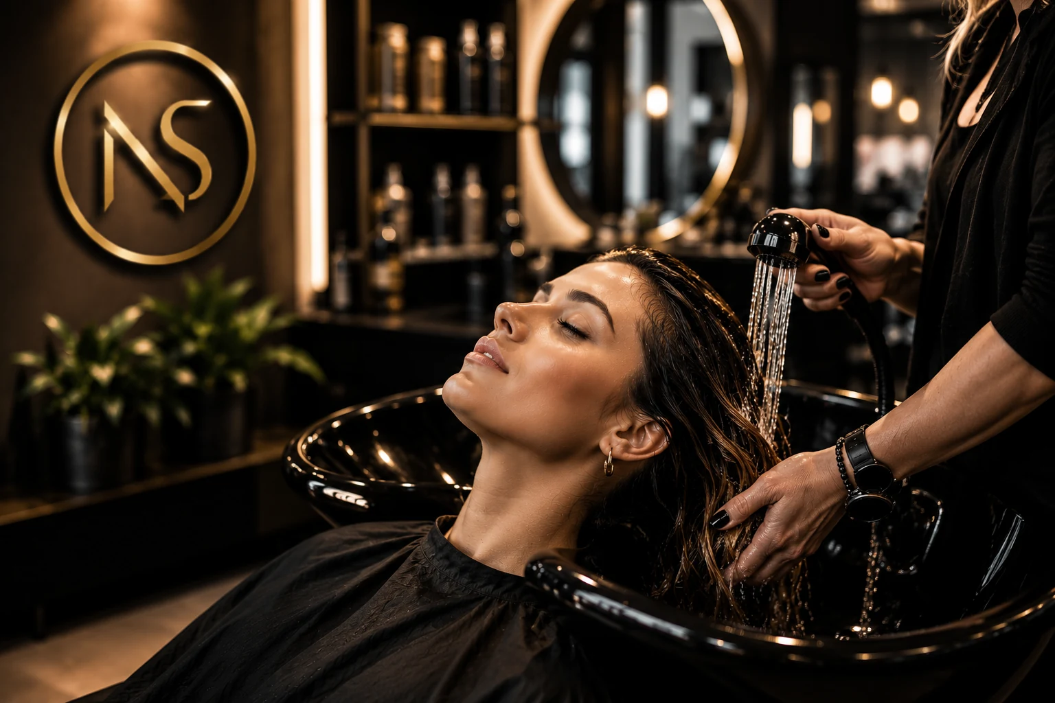 Herr Niemat von New Style Kierspe by Niemat wäscht einer Kundin die Haare am Waschplatz im Friseursalon